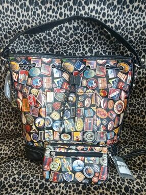 Travel Sticker Print Bucket Bag with Wristlet - Black
